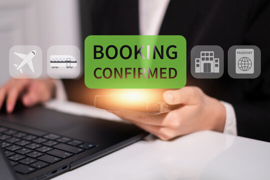 Business booking confirmation online digital service buy flight check order hotel travel concept