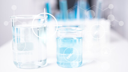 Laboratory test tube beakers with blue liquid science research chemistry chemical flask microscope virus bacteria icon