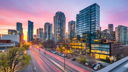 Fototapeta premium Vibrant city skyline at sunset, traffic streaks on highway.