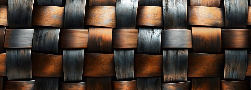A woven metal mesh pattern with brushed steel and copper tones, industrial and futuristic