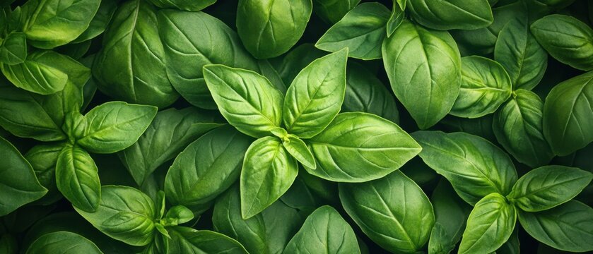 Vivid close up of fresh organic basil leaves creating a lush green background for culinary and healthy lifestyle concepts