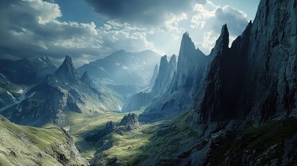 Naklejka premium Majestic mountain range under dramatic sky with sunlight filtering through clouds in a serene landscape