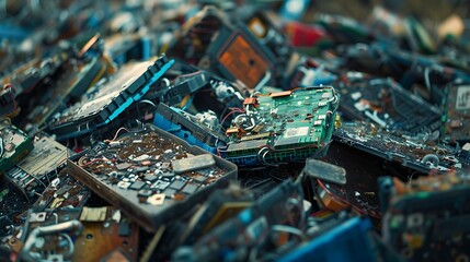 Pile of Discarded Electronic Waste and Circuit Boards in Urban Recycling Center Environment