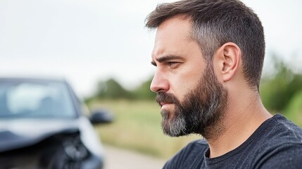 A man stands thoughtfully beside his damaged car after an accident in a rural area. He shows expressions of concern and contemplation about the situation
