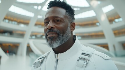 Obraz premium A man with a well-groomed beard and stylish hair stands confidently indoors, wearing a sleek white outfit
