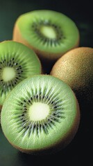 Fototapeta premium Whole kiwi fruit and half of kiwi isolated on dark background