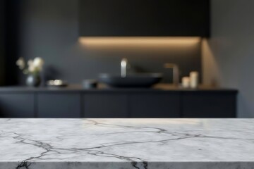 Empty marble table top on blurred minimalistic luxury bathroom at apartment, dark black and gray colors. Place for product display, showing products, side view