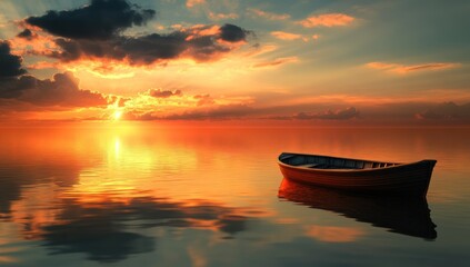 serene sunset with a lonely rowboat drifting peacefully on a tranquil reflecting waterscape