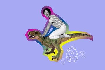 Creative sketch collage of excited girl ride wild animal jurassic era tyrannosaurus adventure...