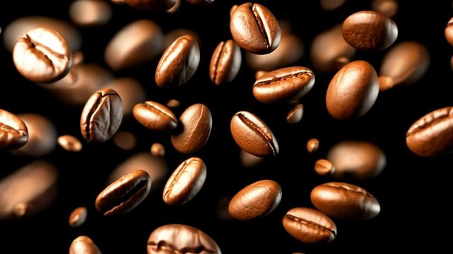 Elevated Coffee Beans: A captivating shot of roasted coffee beans suspended in mid-air. An arrangement of individual beans float against a dark backdrop. This shot focuses on detail, texture.