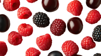 various fresh berries scattered, offering a vibrant display of summer fruits. The berries are isolated and seem inviting and delicious.