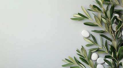 Mindfulness and meditation wellness concept: top view of spa or wellness design elements with olive branches and white pebbles on light grey background, flat lay with space for text.