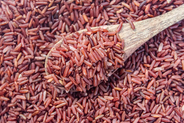 pile of raw brown rice with spoon
