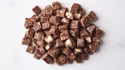 Obraz premium Pile of chocolate squares on white marble background