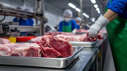 workers in meat processing facility wearing protective gear handling raw meat, perfect for meat factory, food safety
