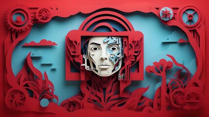 Intricate paper art piece depicting a cyborg woman surrounded by vibrant foliage and mechanical elements in a surreal landscape