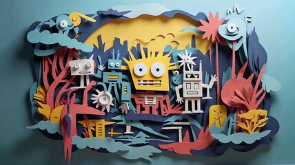Obraz premium Colorful paper sculpture depicting whimsical robots and nature against a vibrant background