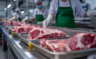 workers in meat processing facility wearing protective gear handling raw meat, perfect for meat factory, food safety
