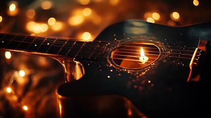 Fototapeta premium A black acoustic guitar glows softly in candlelight. Sparks fly, reflecting on its polished surface. 
