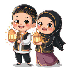 Cute Muslim Kids Holding Lanterns in Traditional Islamic Clothing – Ramadan and Eid Illustration