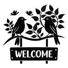  Black Silhouette of Two Birds on a Branch with Welcome Sign – Rustic Decorative Vector for Home and Garden