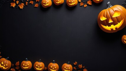 Jack-o'-lanterns on black background with autumn leaves, creating a Halloween border