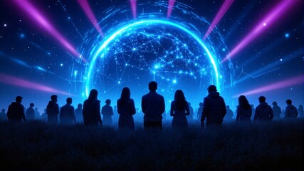 A group of people are standing in a field, looking up at a large blue sphere