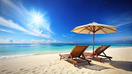 Obraz premium Relaxing Beach Scene: Sun Loungers & Umbrella on Silver Sand