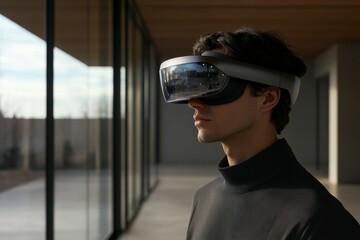 Person wearing augmented reality headset in modern architectural space, experiencing futuristic interface with technology