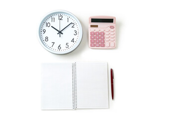Horizontal banner pink calculator next to round clock time 10 hours ten minutes and a notebook for notes on a white background. Accounting or tax calculation. Time for study.