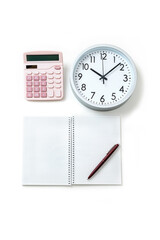 Flat lay pink calculator next to round clock time 10 hours ten minutes and notepad on white background. Time for study. Home accounting or tax accounting. Vertical banner.