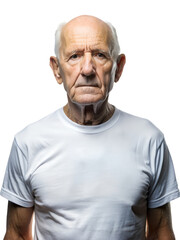 Obraz premium Portrait of white old man, senior, elderly person wearing blank mockup t-shirt on the white isolated background.