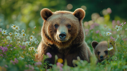 Obraz premium A grizzly bear and its cub are peacefully surrounded by colorful wildflowers in a lush forest. Sunlight filters through the trees, creating a calming atmosphere