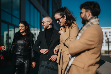 A group of four young professionals chatting and enjoying moments together while outdoors. Their attire suggests casual business or entrepreneurial ventures, creating a vibrant and motivating