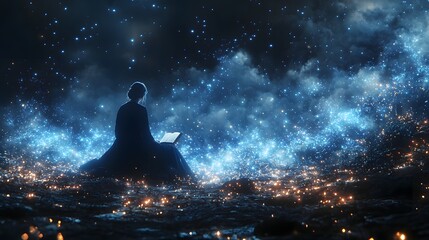 Obraz premium Serene Storyteller Seated at Glowing Piano Notes and Tales Intertwining into Luminous Floating Storyscapes