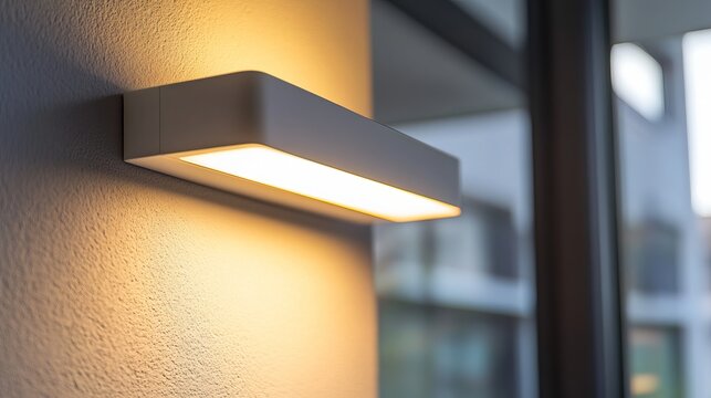 A close-up of a contemporary LED wall light.  It's white and electrically powered.
 