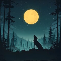 Silhouette of Thin Wolf Howling at Pale Moonlit Forest Landscape