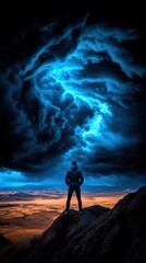 Fototapeta premium Majestic Stormy Sky Overlooking a Vast Landscape with a Silhouetted Figure Standing Proudly