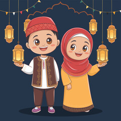 Cute Muslim Boy and Girl Holding Lanterns in Traditional Ottoman Ramadan Clothing – Vector Illustration