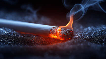 A burning cigarette rests on a dark, textured surface, with its glowing ember visible. Smoke curls gently from the tip, creating an atmospheric effect in low light