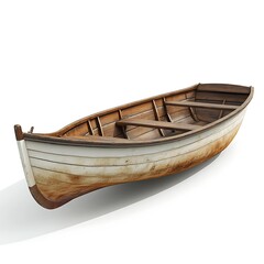Wooden Rowboat: A weathered wooden rowboat, showing signs of age and use, rests on a white background.  The boat's simple design and rustic charm evoke a sense of nostalgia and tranquility.