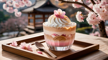 A beautifully layered sakura latte with a soft pink and creamy white gradient, topped with a scoop of ice cream and sakura petals, set on a wooden tray with a teahouse backdrop.