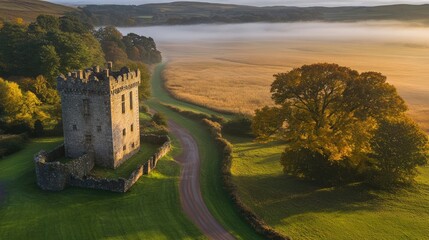 Naklejka premium Misty sunrise over ancient stone tower, winding road, autumnal trees, and field.