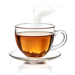 Aromatic Tea Time: A transparent glass teacup filled with steaming, golden tea sits elegantly on a matching saucer, offering a serene and inviting moment of relaxation.