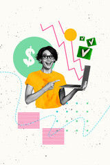 Sketch design trend artwork poster 3D photo collage of young lady hold laptop earn money dollars...