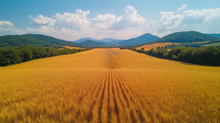Fototapeta premium A vast field of golden wheat extends towards the horizon, bordered by gentle hills. Bright sunlight bathes the landscape, creating a serene rural atmosphere in summer