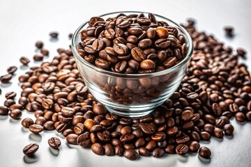 Fototapeta premium Roasted Coffee Beans in Glass Bowl, Spilled Beans, White Background - Stock Photo