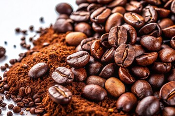 Fototapeta premium Roasted Coffee Beans & Ground Coffee Powder Closeup - Minimalist White Background