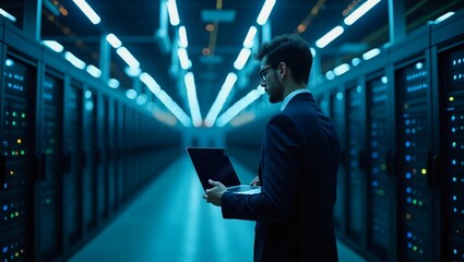 Futuristic Concept: Data Center Chief Technology Officer Holding Laptop, Standing In Warehouse, Information Digitalization Lines Streaming Through Servers. SAAS, Cloud Storage, Online Service
