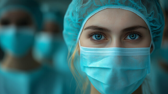 In a hospital environment, healthcare workers wear masks and scrubs, focused and ready to provide care. Their determined expressions reflect commitment and professionalism in challenging times